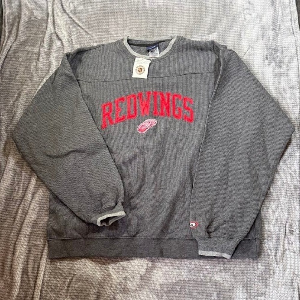 VTG Pro Player Detroit Red Wings NHL Waffle‎ Knit Sweatshirt Grey XL NWT